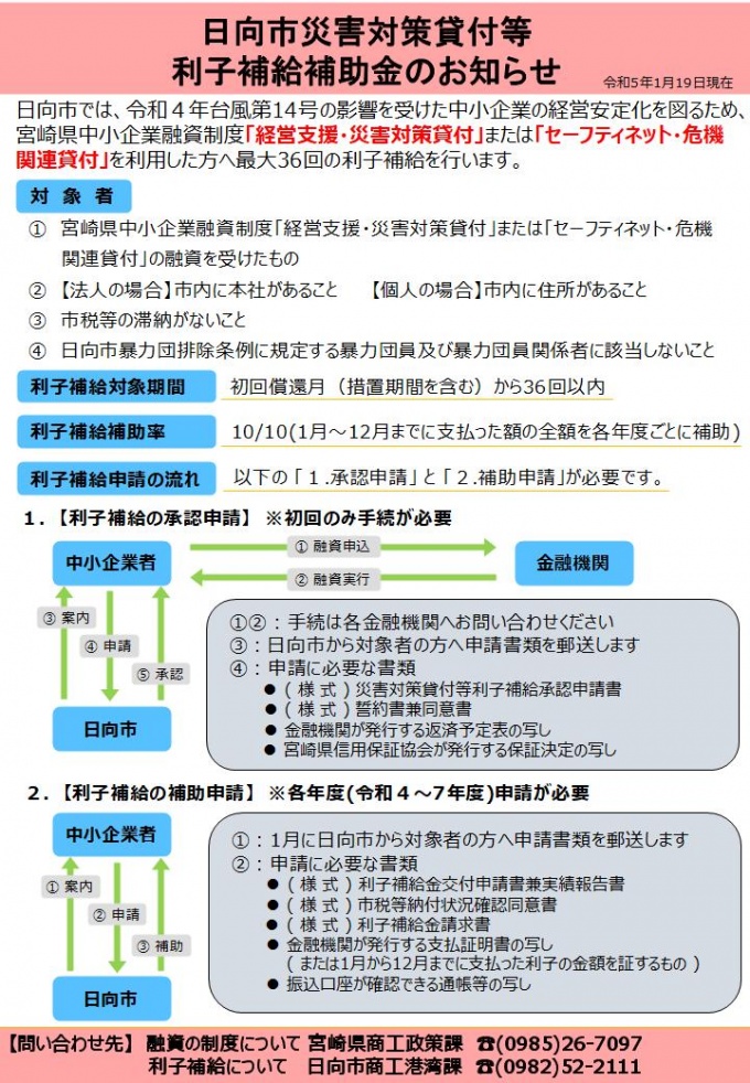 日向市災害対策貸付等利子補給補助金チラシ