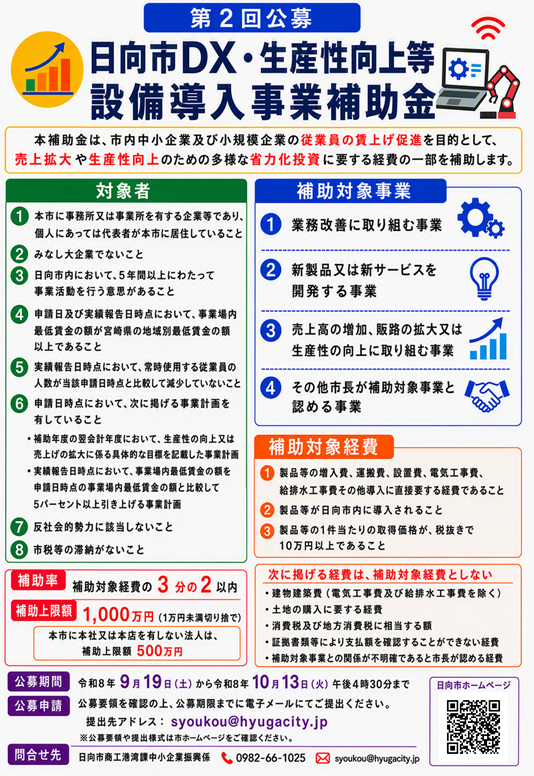 日向市DX・生産性向上等設備導入事業補助金チラシ(第2回公募)