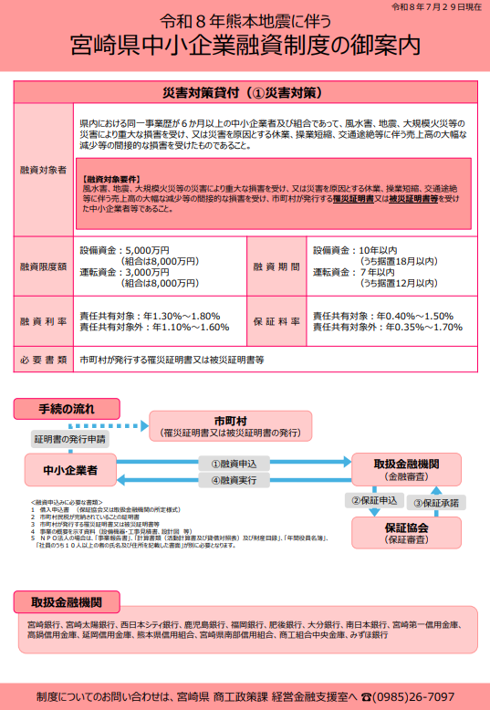 令和8年熊本地震に伴う宮崎県中小企業融資制度チラシ
